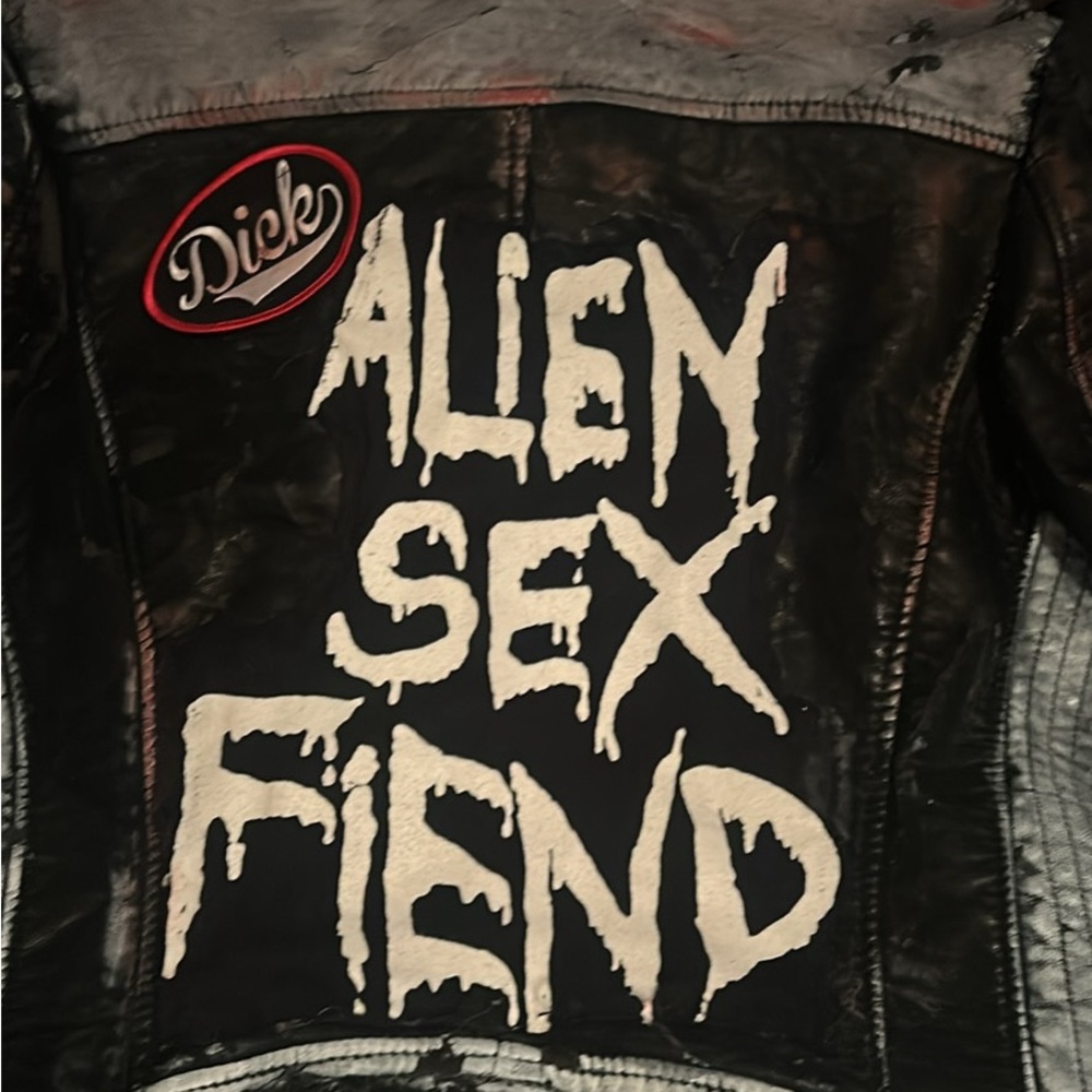 Black Leather Jacket custom faux alien sex fiend size large